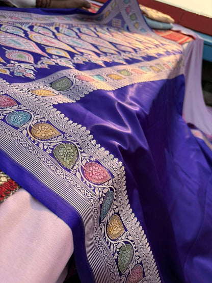 Neel Kalamkari Mashru Silk Saree | Handpainted Hath Rang Border | Rose Gold Zari | Minimal Designer Saree