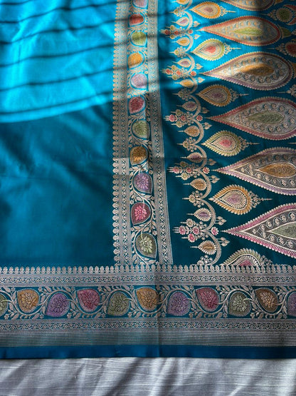 Rama Blue Mashru Katan Silk Saree | Minimal Plain Body with Zari Woven Pallu | Meenakari Hand-Touch Designer Saree