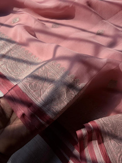 Dusty Rose Kandva Saree Pure Khadi Georgette Handloom