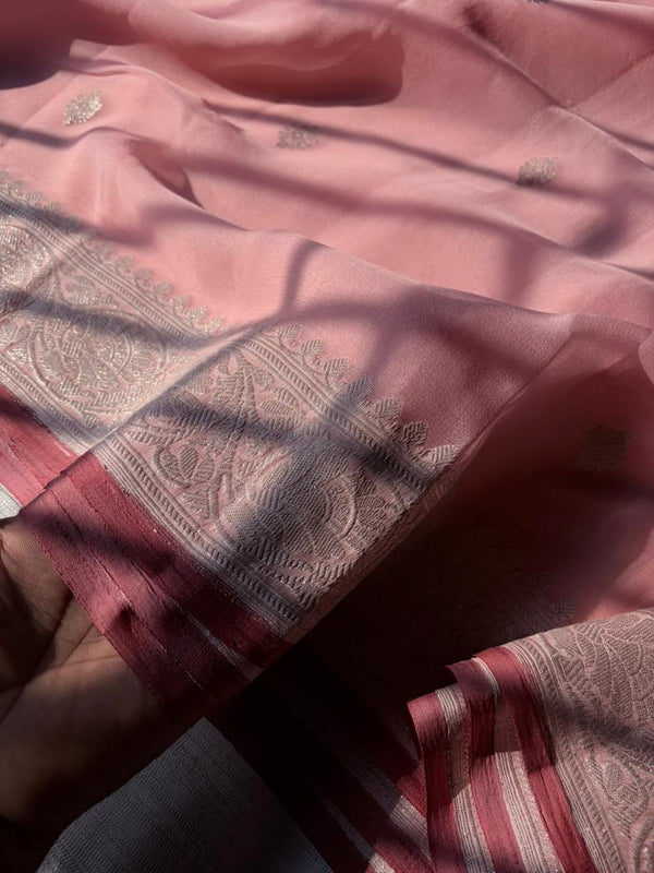 Dusty Rose Kandva Saree Pure Khadi Georgette Handloom