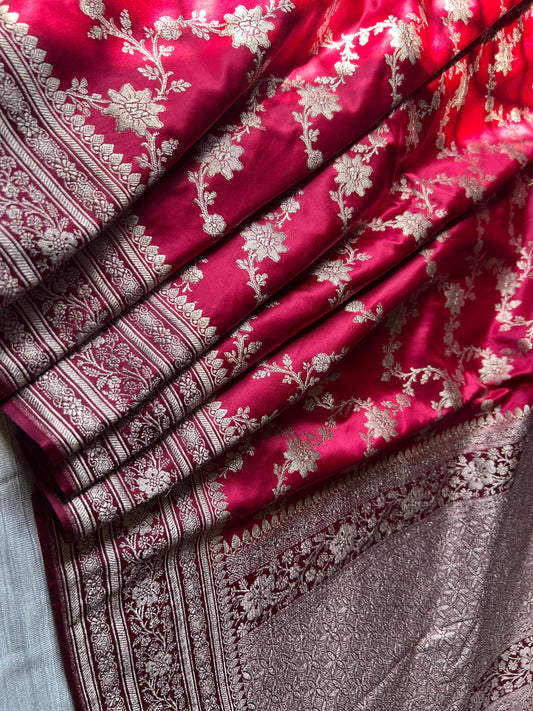 Rani Pink Mashru Silk Saree – Contrast Jalebi Jaal Design with Magenta Pink Blouse