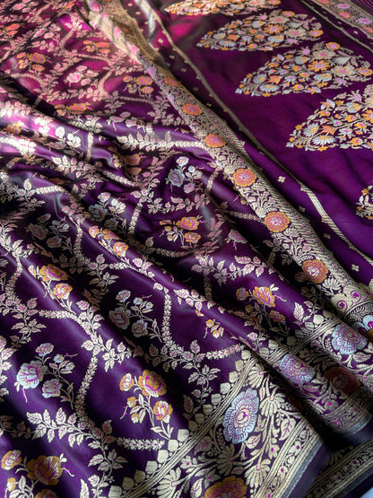 Sona Rupa Kainkhab Purple Mashru Silk Saree – Albeli Leheriya & Jaal Design
