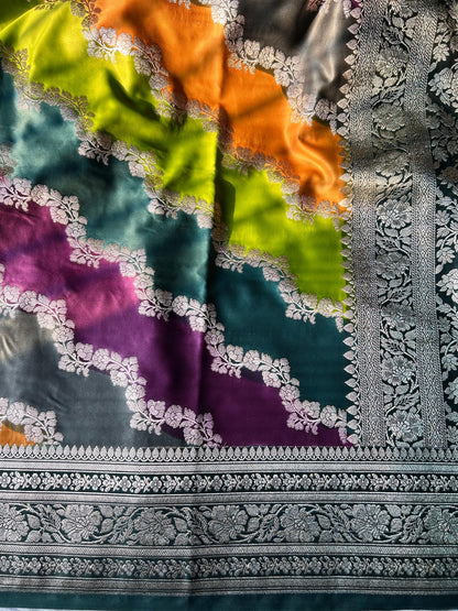 Hand-Painted Rangkart Saree – Mashru Silk | Bottle Green with Copper Zari