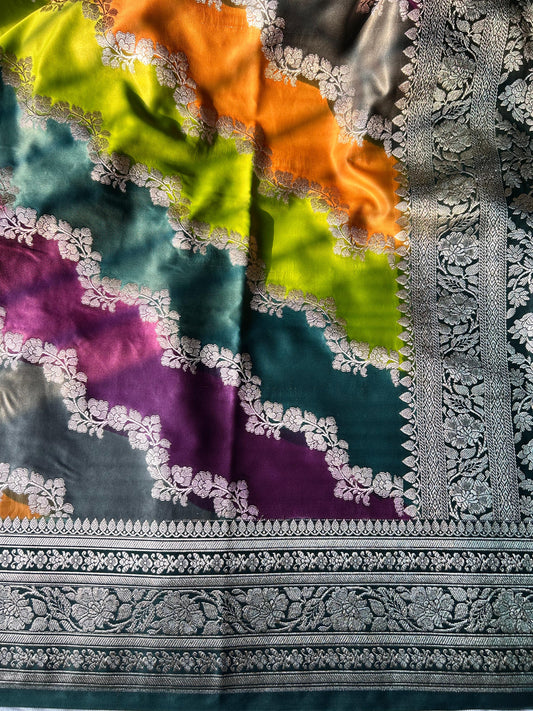 Hand-Painted Rangkart Saree – Mashru Silk | Bottle Green with Copper Zari