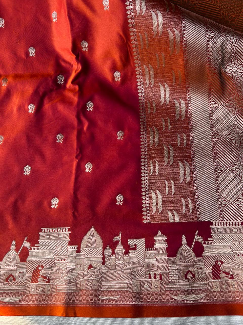 Rust Orange Banaras Ghat Saree | Blended Mashru Silk