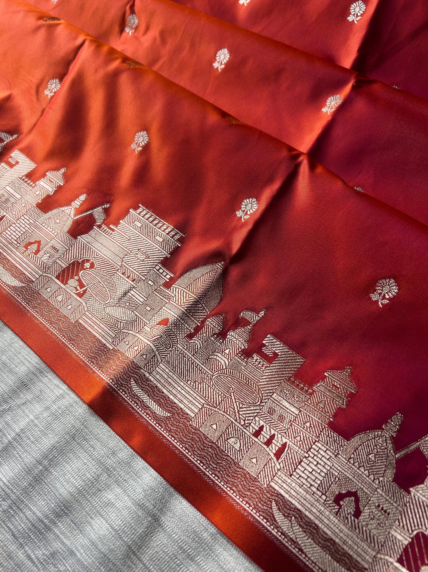 Rust Orange Banaras Ghat Saree | Blended Mashru Silk
