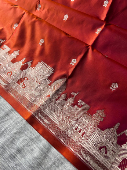 Rust Orange Banaras Ghat Saree | Blended Mashru Silk