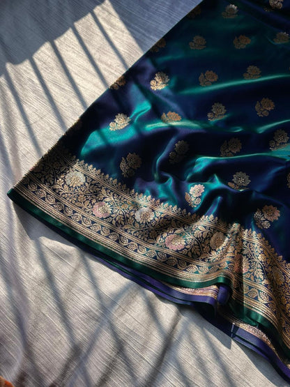 Exclusive Peacock Blue Dual-Shade Meenakari Saree with Silver Zari – Premium Party Wear Designer Saree