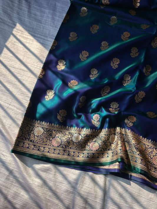Exclusive Peacock Blue Dual-Shade Meenakari Saree with Silver Zari – Premium Party Wear Designer Saree