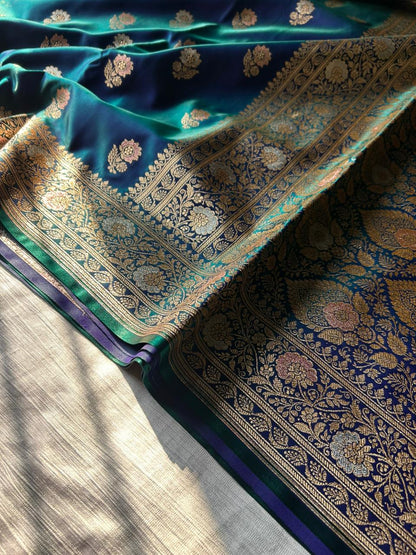 Exclusive Peacock Blue Dual-Shade Meenakari Saree with Silver Zari – Premium Party Wear Designer Saree