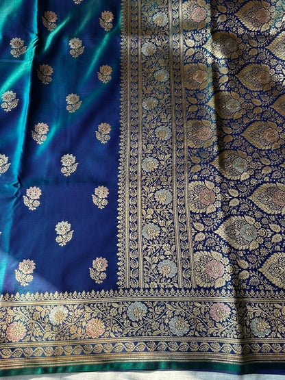 Exclusive Peacock Blue Dual-Shade Meenakari Saree with Silver Zari – Premium Party Wear Designer Saree