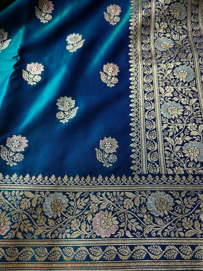 Exclusive Peacock Blue Dual-Shade Meenakari Saree with Silver Zari – Premium Party Wear Designer Saree