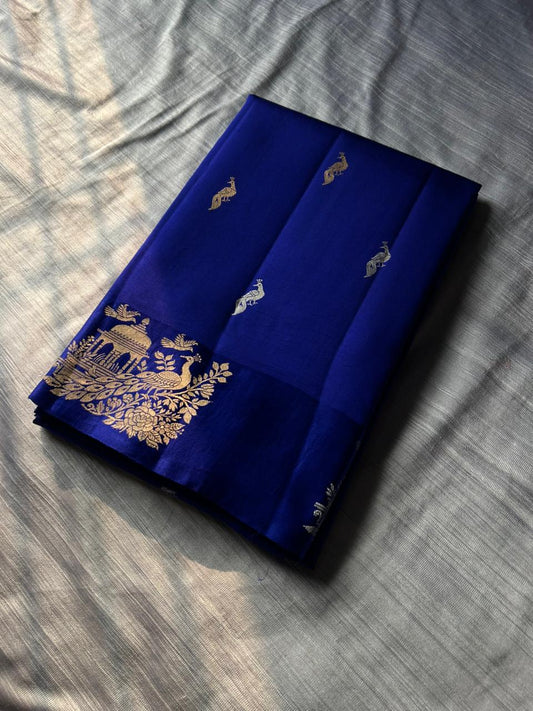 Royal Blue Handspun Banarasi Silk Saree | Real Sona Rupa Zari with Peacock Motifs