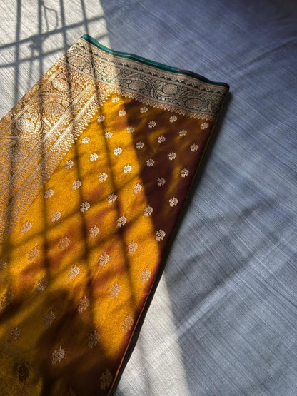 Sunburn Golden Satin Silk Saree with Rama Green Contrast Pallu & Blouse | Leaf Floral Design Party Wear Saree