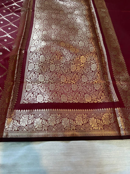 Maroon Geometrical Jal Semi Katan Silk Banarasi Saree with Brocade Blouse | Lightweight Zari Woven Saree