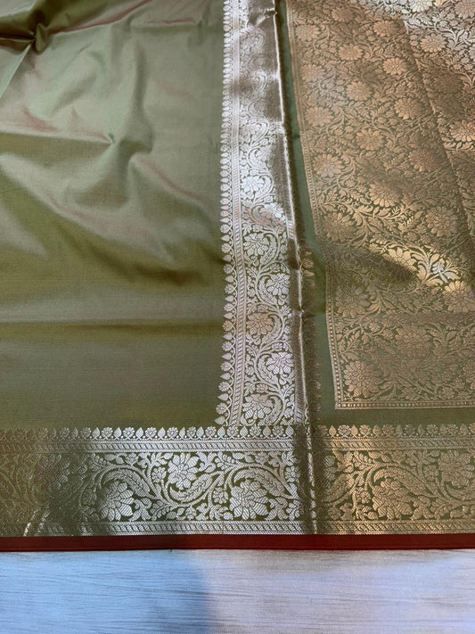 Pista Green Plain Semi Katan Silk Banarasi Saree with Brocade Blouse | Lightweight Golden Zari Saree