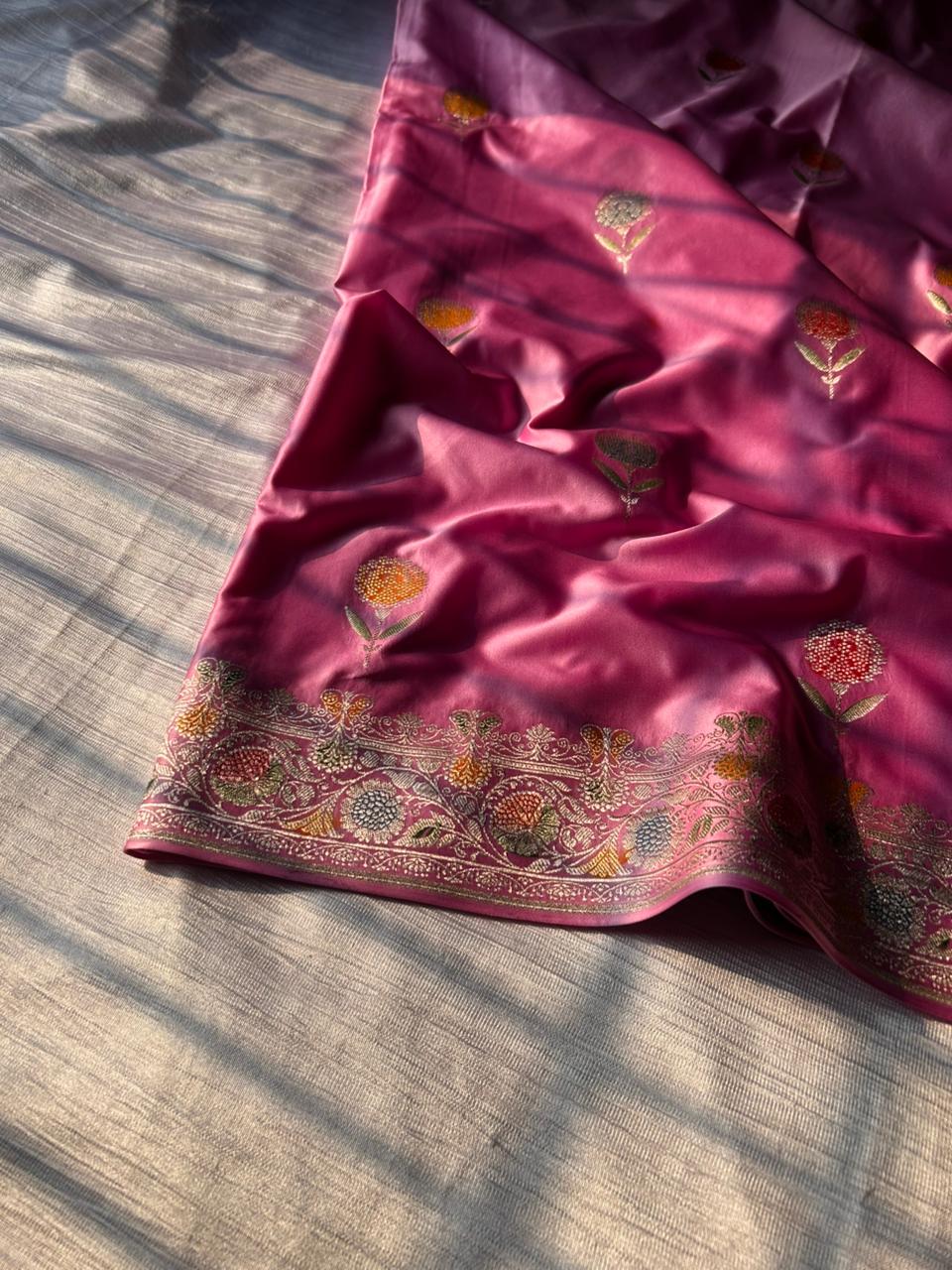 Baby Pink Mashru Silk Saree with Hand-Painted Meenakari Pallu