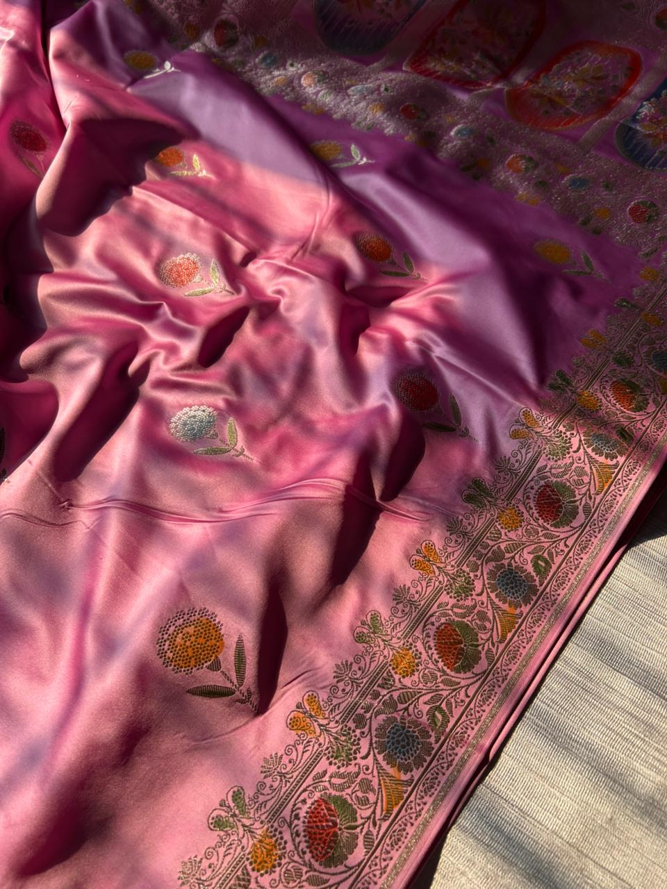 Baby Pink Mashru Silk Saree with Hand-Painted Meenakari Pallu