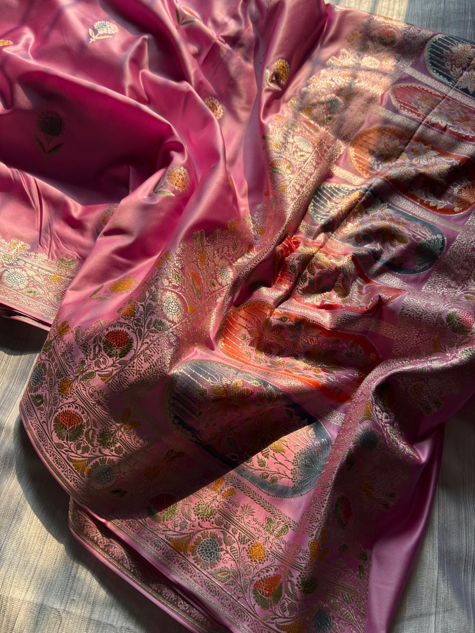Baby Pink Mashru Silk Saree with Hand-Painted Meenakari Pallu