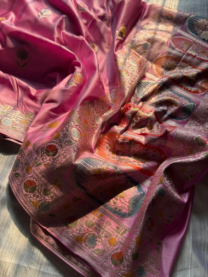 Baby Pink Mashru Silk Saree with Hand-Painted Meenakari Pallu