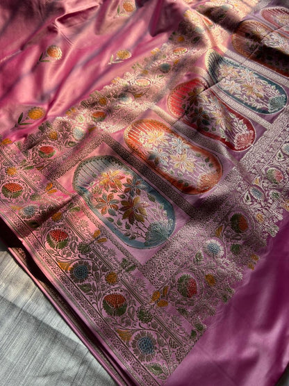 Baby Pink Mashru Silk Saree with Hand-Painted Meenakari Pallu