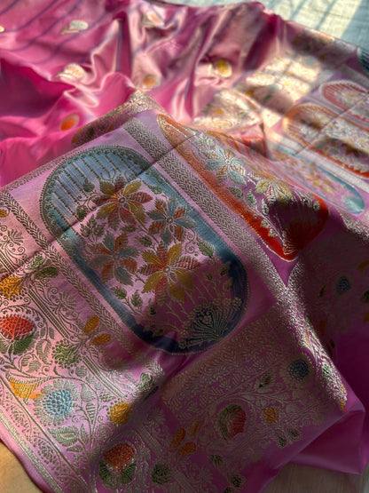 Baby Pink Mashru Silk Saree with Hand-Painted Meenakari Pallu