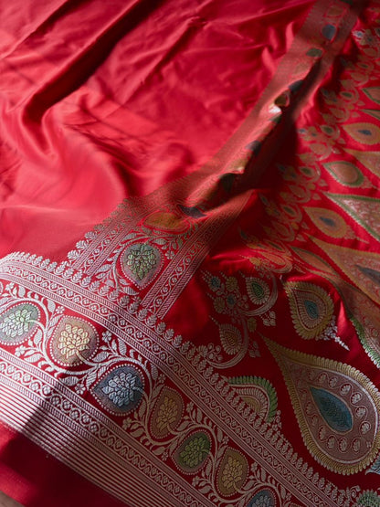 Hath Rang Lal Mirchi Red Mashru Silk Saree | Hand Painted Meenakari Border & Pallu | Premium Soft Silk Banarasi Saree