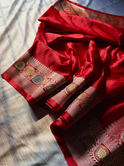 Hath Rang Lal Mirchi Red Mashru Silk Saree | Hand Painted Meenakari Border & Pallu | Premium Soft Silk Banarasi Saree