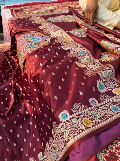 Handpainted Coffee Color Banarasi Saree in Mashru Katan Silk | Meenakari Butta Work | Designer Pallu | Lightweight Premium Saree
