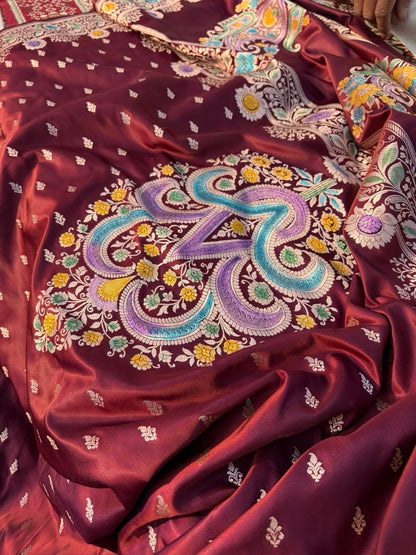 Handpainted Coffee Color Banarasi Saree in Mashru Katan Silk | Meenakari Butta Work | Designer Pallu | Lightweight Premium Saree