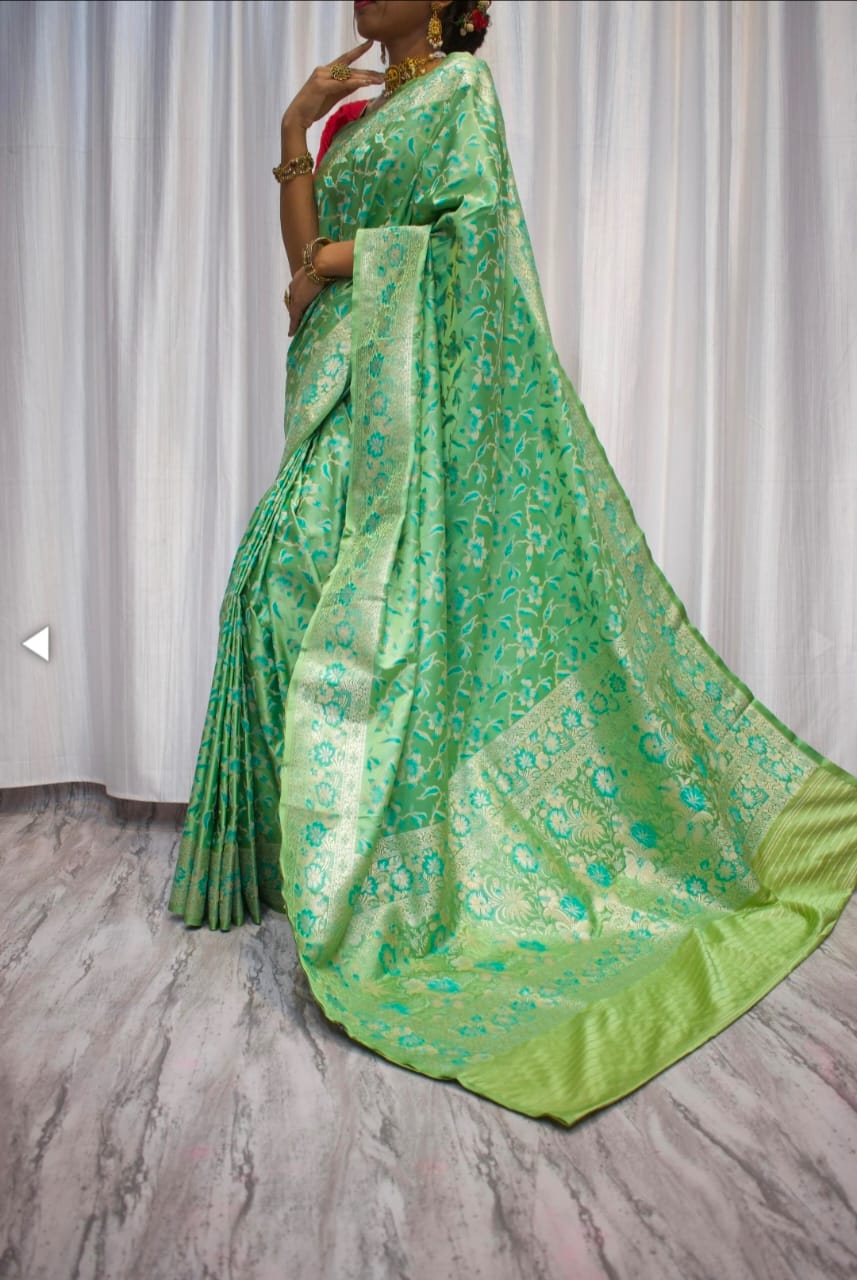 Pista green Pashmina katan saree