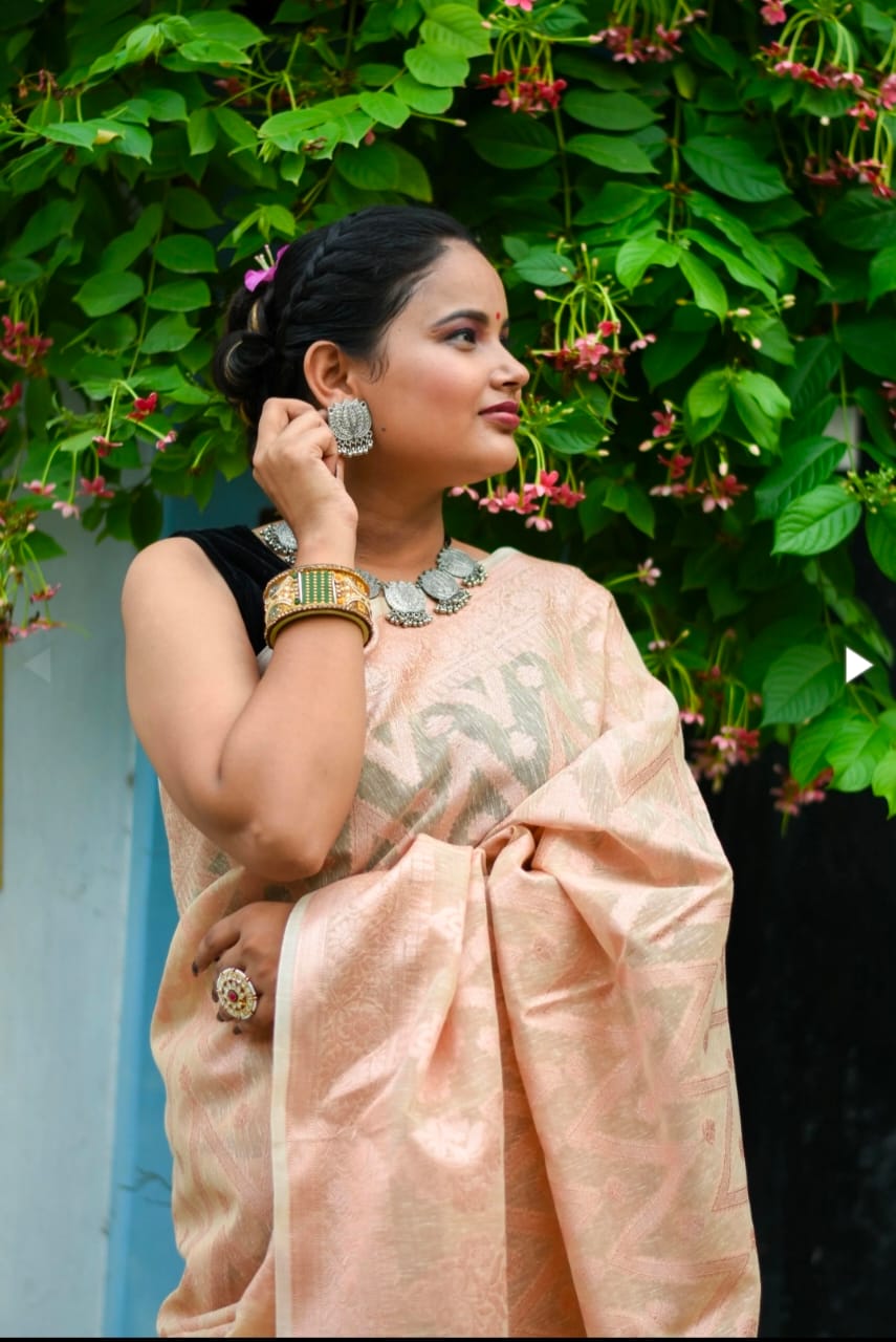 Pastel Tasar Pure Cotton Linen Banarasi Saree
